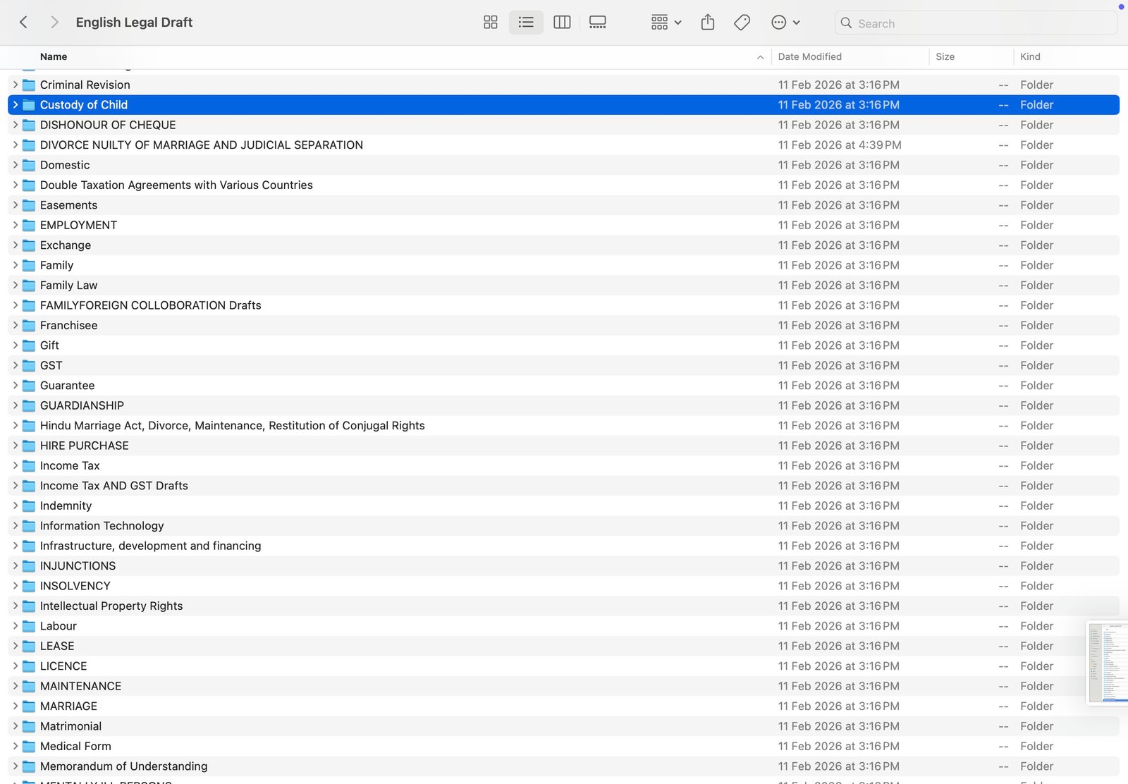 English Legal Drafts folder list C to D
