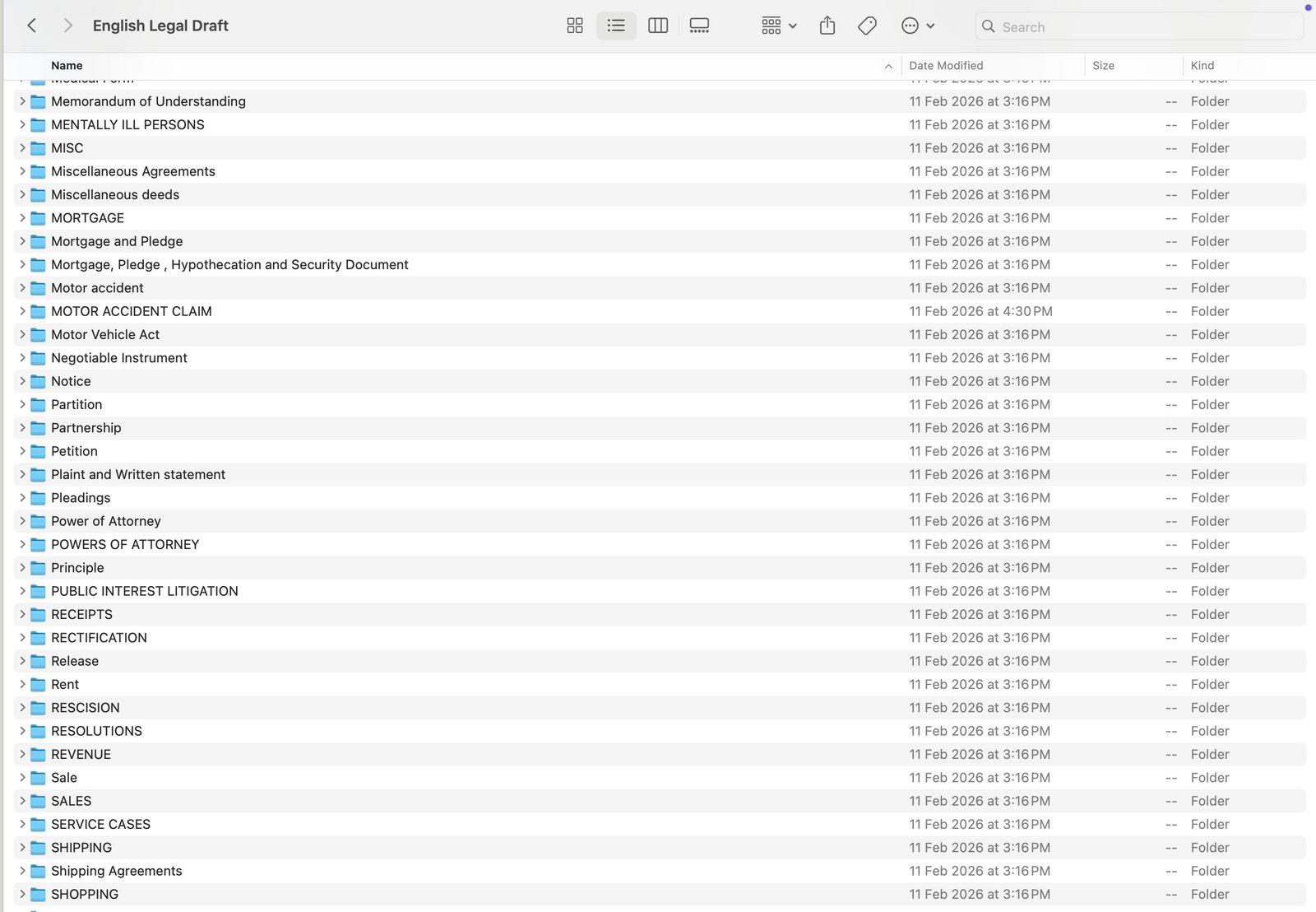 English Legal Drafts folder list D to M